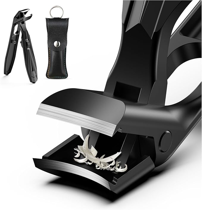 FERYES Curved Head Toe Nail Clippers for Thick Nails for Seniors - Ergonomic Senior-Friendly Finger Nail Clippers with Catcher, Sharp Toenail Clipper for Thick Toenails with Safety Locker (Black)