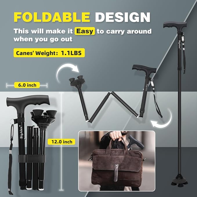 BigAlex Folding Walking Cane for Elderly Adjustable & Portable Walking Stick for Seniors,Pivoting Quad Base,Lightweight,Collapsible with Carrying Bag for Men/Woman
