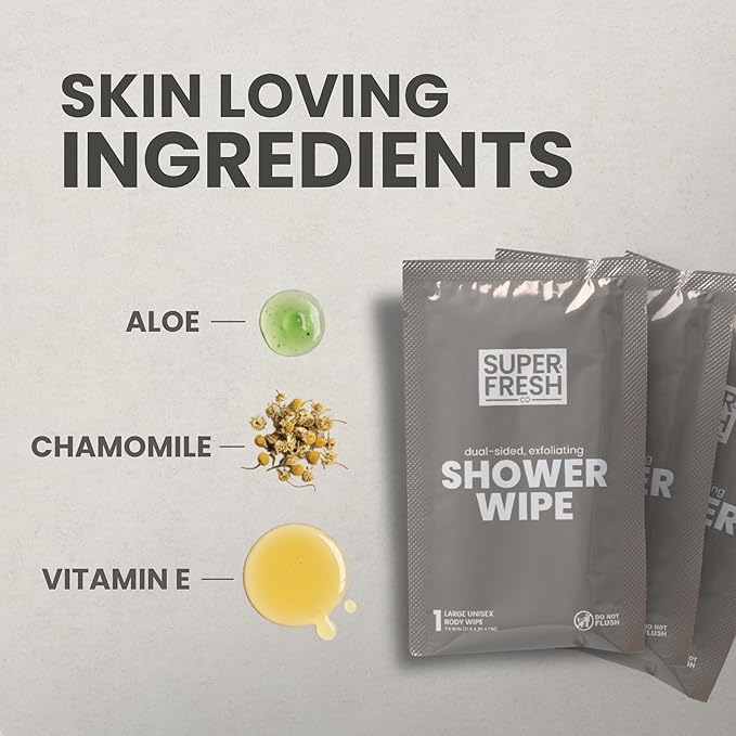 Super Fresh Shower Wipes Large Sandalwood Body Wipes for No Rinse Bathing Personal Hygiene Gym Travel or Camping Enriched with Aloe and Vitamin E 20 Individually Wrapped Disposable Sheets