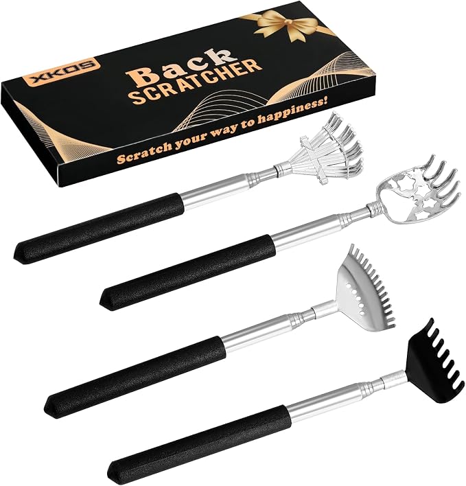XKOS 4 Pack Different Back Scratcher Portable Telescoping with Rubber Handles, Extendable Metal Back Massager Tool with Beautiful Box, Stocking Stuffers for Men Women Adults (Black)