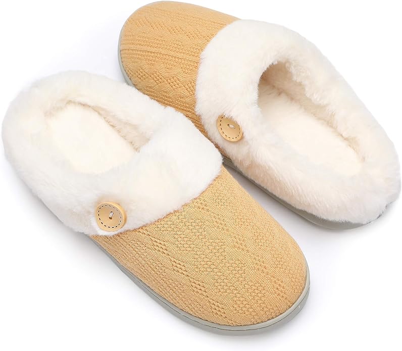 Chantomoo Womens Slipper Warm Comfy Memory Foam House Slippers Knitted Shoes Faux Fur Lined Anti-Skid Rubber Sole Bedroom Cozy Indoor Outdoor Slippers