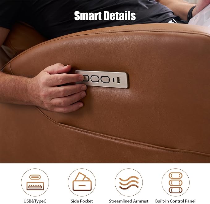 Breathable Air Leather Power Swivel Rocker Recliner, 2-Zone Electric Adjustment (Headrest Independent, Back & Footrest Linked), 270° Swivel, 8-Mode Massage & Heat, USB/Type-C, Side Pocket
