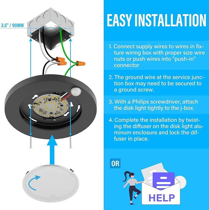 ZAGO LED 6" 120 Volts Closet Light Wired, PIR Motion Sensor Ceiling Disc Light, 15W, 1100 Lumens, CRI>80, 5000K Daylight White for Closet, Laundry, Garage, Pantry, Wet Location, ETL, Black, 2 Packs