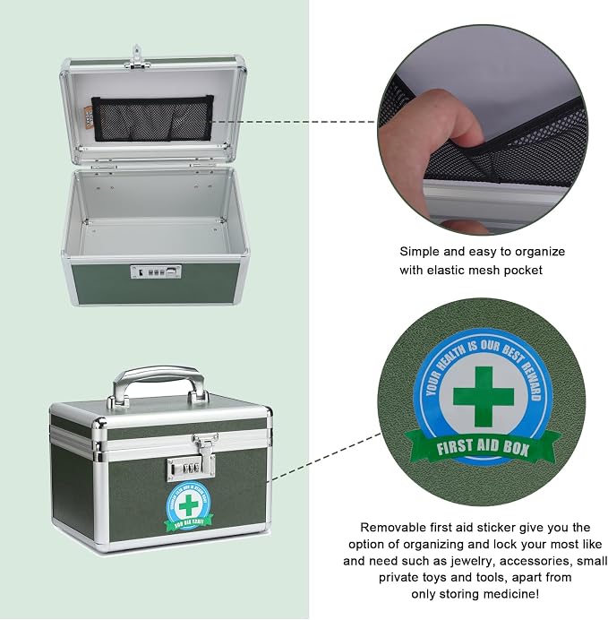 Medication Lock Box with Combination, Lockable Medicine Storage Box, Empty First Aid Box, Security Lock Box, Medical Organizer, Multipurpose Locking Box for Home and Outdoor (Green, SMALL)