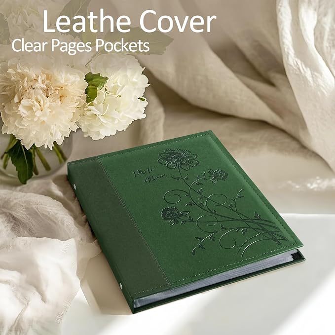 Photo Album 8x10 2 Packs Clear Pages Pockets Leathe Cover Slip Slide in Photo Album Each Holds 100 Vertical 8x10 Photos Picture Book for Wedding Family (Dark Green)