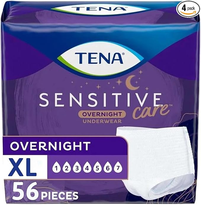TENA Sensitive Care Overnight Incontinence Underwear for Women, Bladder Control and Postpartum, Extra Large, 56 Count (Waist Size 39in-52in)