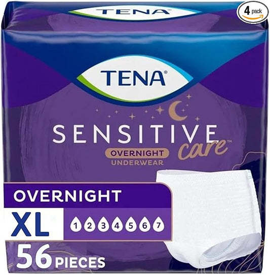 TENA Sensitive Care Overnight Incontinence Underwear for Women, Bladder Control and Postpartum, Extra Large, 56 Count (Waist Size 39in-52in)