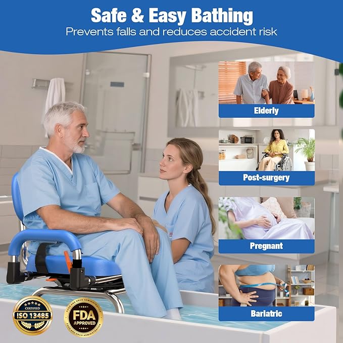 4-in-1 Wide 360° Swivel Shower Chair for Elderly and Disabled, Adjustable Height & Arms Width Padded Shower Chair for Inside Shower & Bathroom Bath Tub, 300lb Capacity Bariatric Shower Seats with Arms