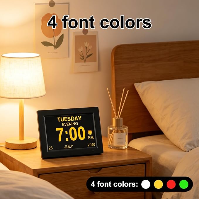 8 Inch Black Digital Dementia Clock, Large Display Calendar Clock, 15 Medication Reminders, Auto DST, Auto Brightness Adjustment, Equipped with Remote Control