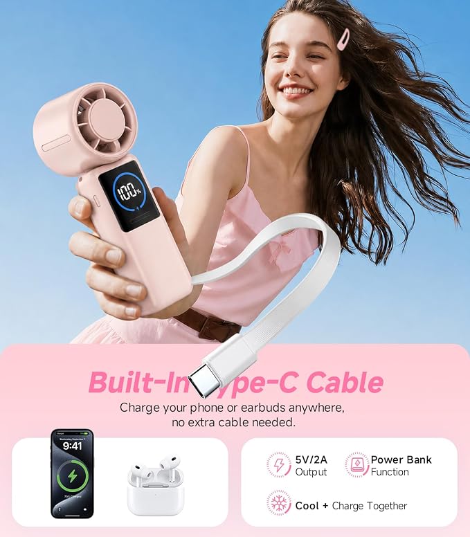 Turbo Portable Handheld Fan, 15000mAh Rechargeable Personal Fan for Travel | 15m/s Foldable Neck Fan with 100 Speeds, Up to 50H Runtime, Built-in USB-C Output and Display for Concerts and Outdoors