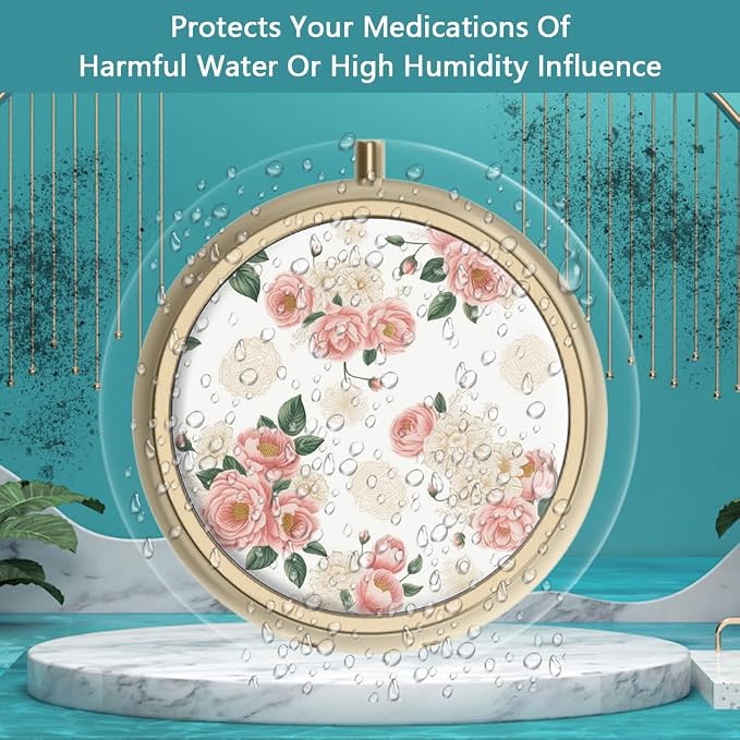 Pill Organizer Pill Box with Mirror Retro Small Pill Case for Purse or Pocket Bronze Pill Box or Vitamins, Fish Oil, Supplements, Pill Containe Travel Gifts（2PCS-Retro Pink Floral）