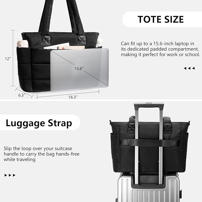 Puffer Tote Bag for Women Quilted Nurse Bag Lightweight Work Bag for Teacher Travel Handbag with Multiple Pockets