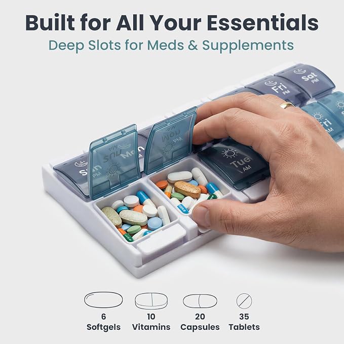 PELEGON Pill Organizer 2 Times a Day, Weekly Pill Organizer AM PM 7 Day, Large Medicine Pill Organizer with One-Touch Open, Extra Large Compartments, BPA Free Travel Pill Organizer for Daily Use