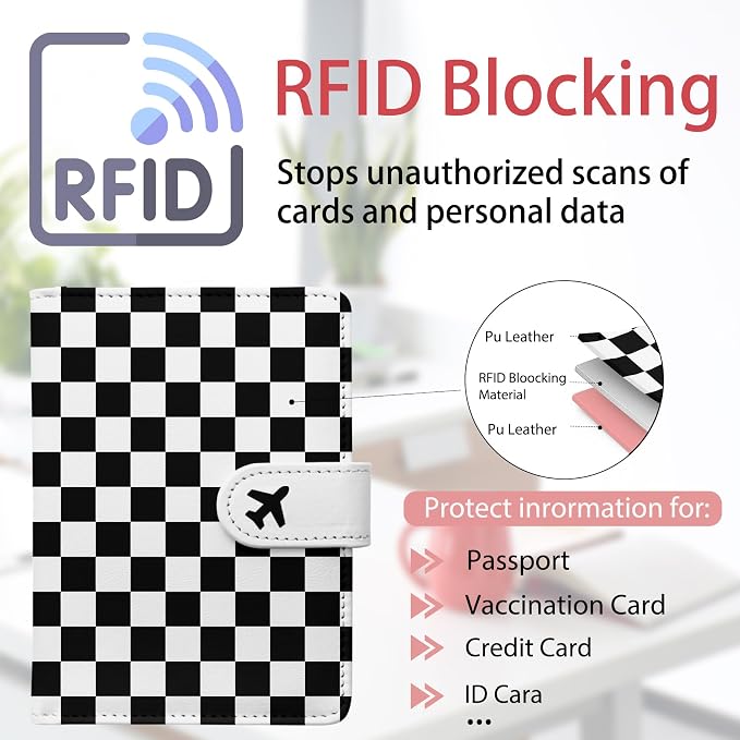 Passport Holder, Cute Travel Wallet Cover with RFID Blocking,black | PU leather travel wallet with magnetic closure, card slots, pen loop, and easy access for passports and essentials.