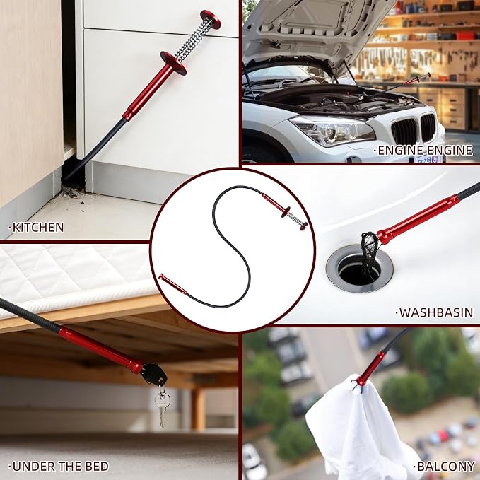 Flexible Grabber Tool, Magnetic 4-Claw Gripper (24", Red) | Mechanic Pickup Tool with Spring-Loaded Handle; for Automotive, Engine Bay, Bathroom, Kitchen, Sewers, Drain, Small Spaces