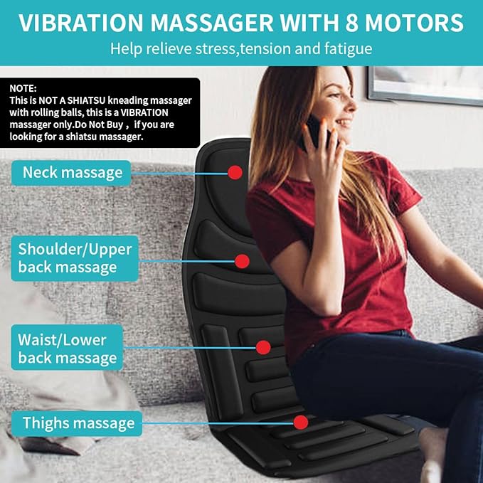 Heated Massage Seat Cushion with Remote Control, 8 Vibration Motors Chair Back Massager, Heat Therapy, Black