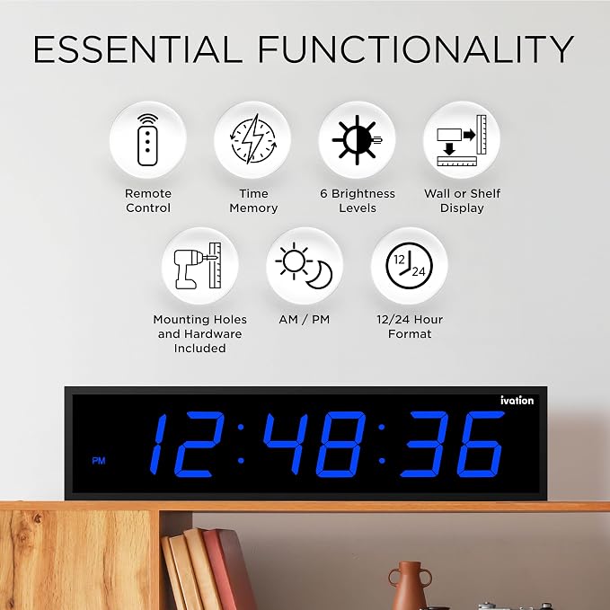 Ivation Oversized Large Digital Wall Clock - Big LED Digital Clock w/Large Display & Durable Aluminum Frame, Shelf or Wall Mount (24 Inch - Blue) 6 Brightness Levels | Time Memory | Remote
