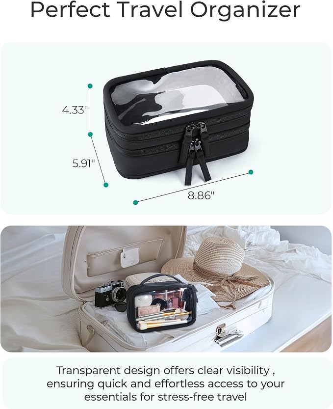 BAGSMART Double Layer Clear Makeup Bag, TSA-Approved Toiletry Bag, Large Opening with Handle, Cute Water-Resistant Travel Cosmetic Bag with Double Zipper for Car Essentials(Black)