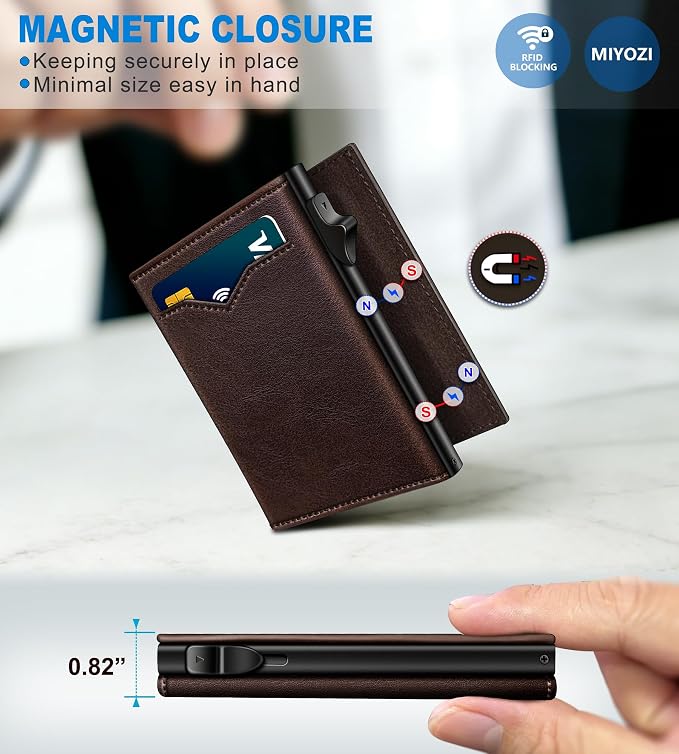 Wallet for Men,with Cash Pocket 2 ID Window 9-13 Cards,Metal Case Smart Slim Pop Up Credit Card Holder Flip with Magnetic Closure RFID Blocking Trifold wallet with Gift Box