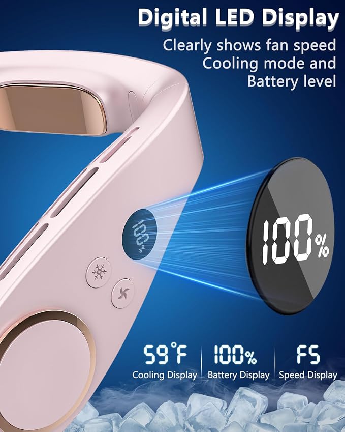 FWV Neck Fans with Cooling Plate, Silent 30dB, 3-24H Battery, 5500mAh USB-C Rechargeable, 5-Speed Neck Air Conditioner, LED Display Wearable Bladeless Personal Fan for Kid Adult Girl Light Purple