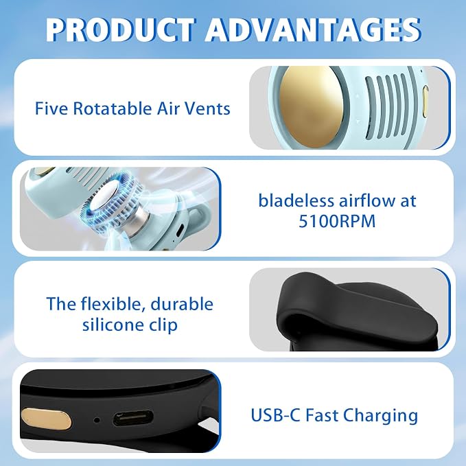 Portable Fan,2-in-1 Waist Clip On Bladeless, Ultra-Quiet Mini Personal Neck Fan 3 Speeds with 360°Adjustable Clip USB Rechargeable for Hiking,Office & Outdoor