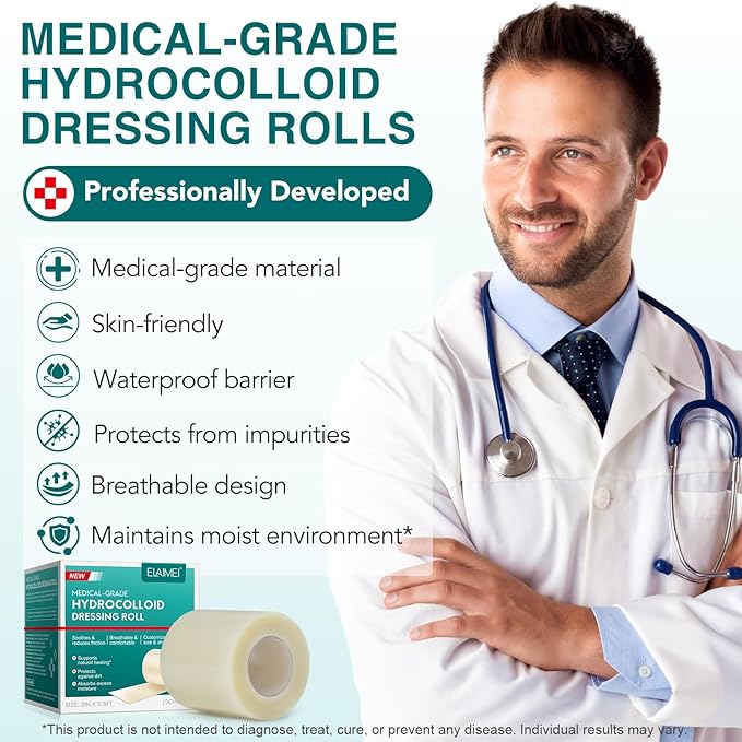 Hydrocolloid Roll for Wound Care - Cut-to-Size, Large Waterproof Hydrocolloid Patch Bandages with Self-Adhesive, Flexible & Ultra Absorbent, First Aid Kit Essential (2in x 11.8ft)