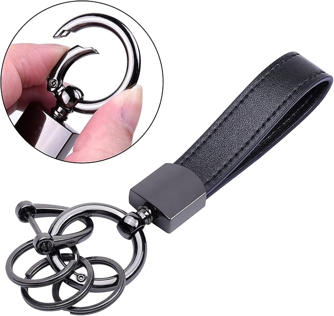 Wisdompro Genuine Leather Car Keychain, Universal Key Fob Keychain | Leather Car FOB Key Chain Holder for Men and Women, 360 Degree Rotatable, with Anti-lost D-ring and 3 Keyrings