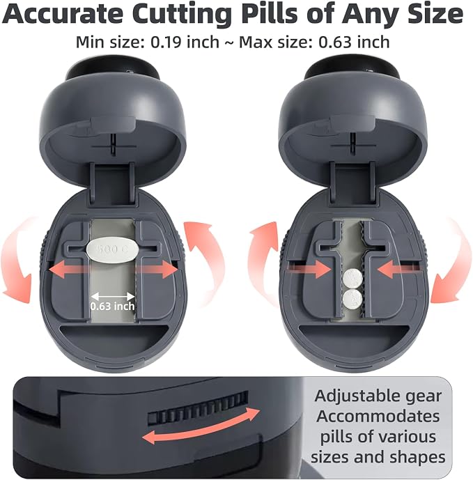 Pill Cutter Splitter with Storage Box, Adjustable Vertical Press Pill Splitter for Small/Tiny Pills Vitamins Tablets, 1/2 & 1/4 Precise Cutting, Hidden Sharp Blade, Multi-Pill Cutting Design (Black)
