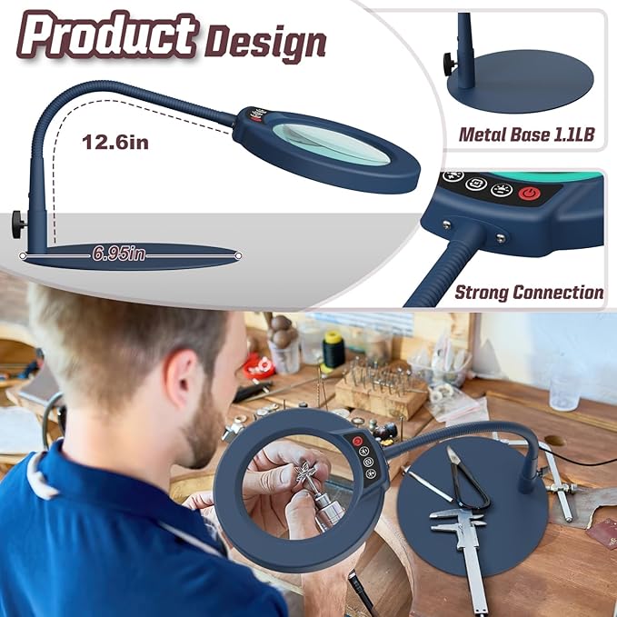 10X Magnifying Glass with Light and Stand, 5 Color Modes Stepless Dimmable LED Lighted Desk Lamp, Hands Free Flexible Gooseneck Magnifier with Light for Craft Hobby Painting Close Work - Blue