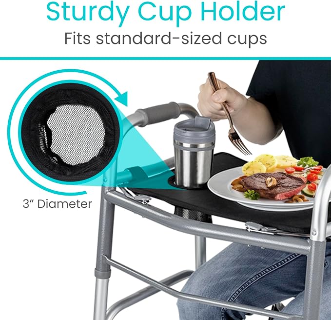 Vive Walker Tray for Folding Walker - (w/Cup Holder) - Adult Mobility | Accessories - Fits Standard Walkers - Medical Table for Seniors Non Slip Mat for Food - Removable & Easy Assembly (Black)