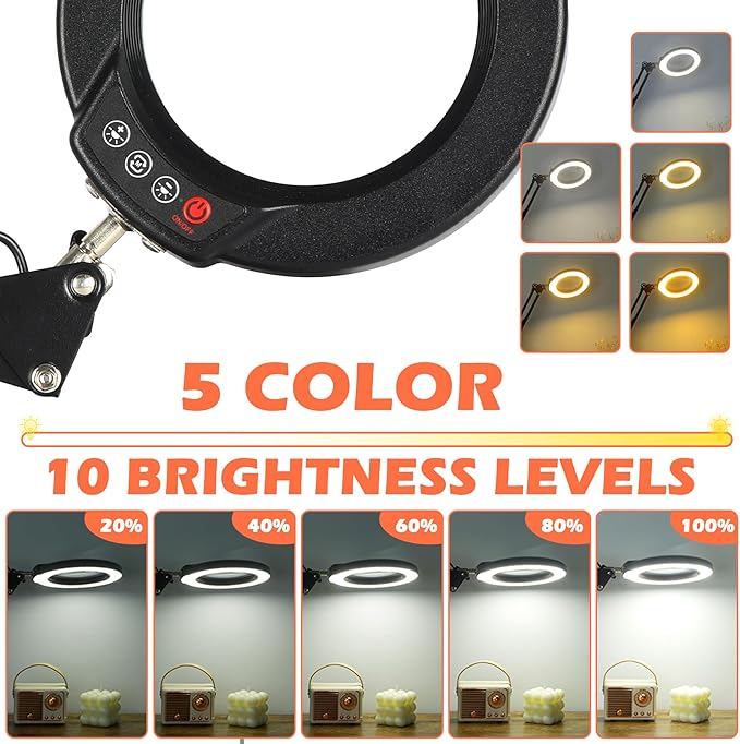 10X Magnifying Glass with Light and Stand, Real Glass Lens Magnifying Desk Lamp, Lighted Magnifier with Light Stepless Dimming Hands Free for Craft, Reading, Painting, Sewing, Solder