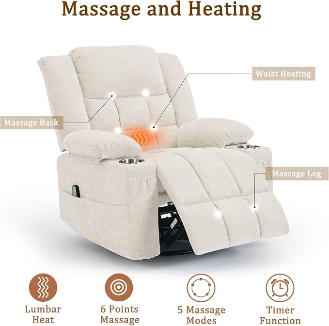 Korser 360° Swivel Rocker Recliner for Adults, Nursery Glider Recliner with Massage and Heating, Rocking Chair with Cup Holder, Manual Recliner Chair for Living Room, Bedroom (Fabric, Beige)