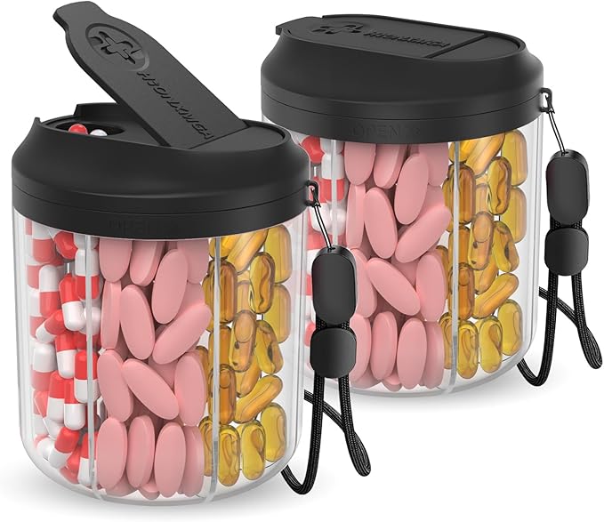 Pill Dispenser with 7 Large Compartments, 4.4" H x 3.6" Dia Pill Organizer for Travel, Supplement Organizer with Anti-Mixing Design, BPA-Free Pill Container with 20 Pcs Labels, Black 2 Pcs