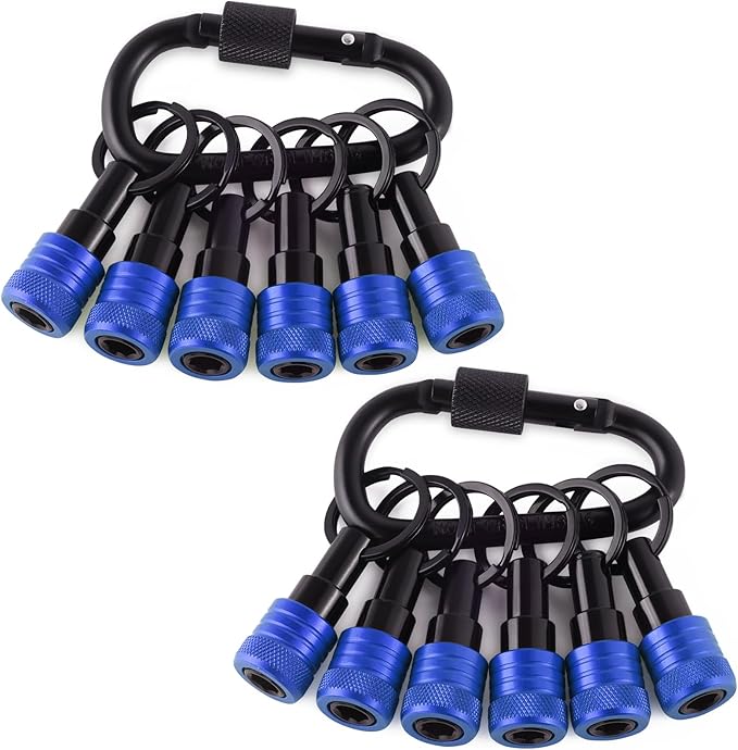 Katerk Bit Holder Keychain 12 Pcs, 1/4-Inch Hex Shank, Quick Release, Blue | Aluminum Alloy, Impact Drivers, Drill Bits, Tool Belt Use, Carabiner Clip, One-Handed Operation, Ball Lock, Compact Organizer