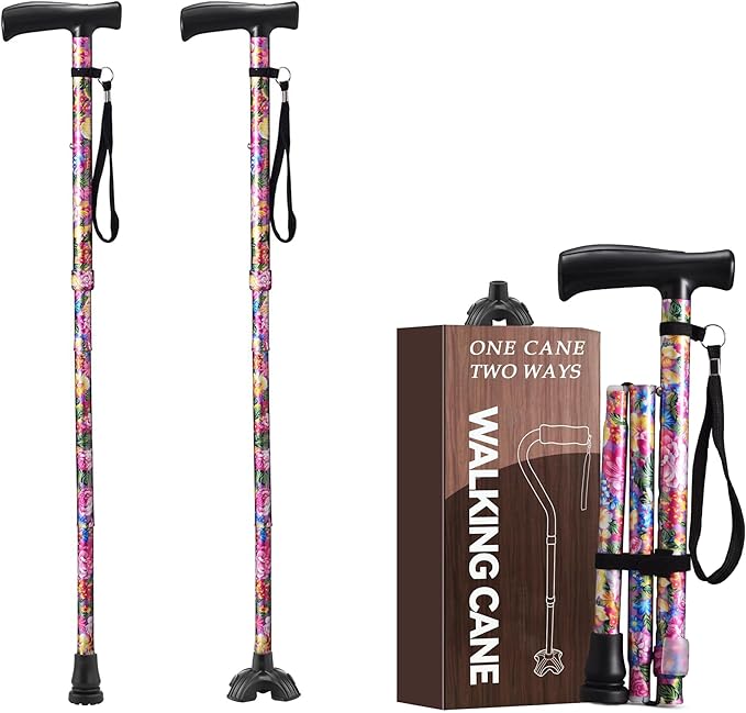 Floral Canes for Women Folding Cane for Stability with Non-Slip Base, Adjustable Walking Cane for Seniors - Lightweight Collapsible Walking Sticks with T & Offset Handle