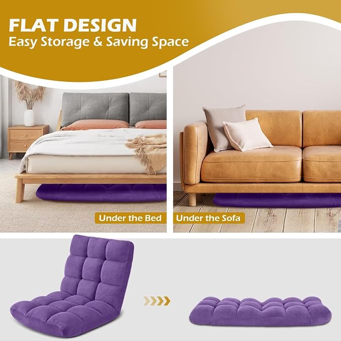 Folding Floor Gaming Chair, Adjustable 14-Position Backrest, 6-Inch Thick Flannel and Skin-Friendly Cotton Sponge, Breathable, Ideal for Gaming, Meditating, Sleeping, Purple