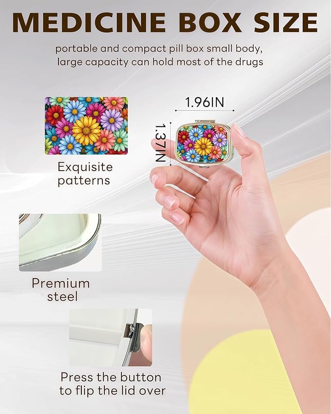 LRITER Pill Case, 2 Compartment Portable Small Travel Pill Organizer for Purse and Pocket, Stylish Medicine Case with Multiple Patterns, Daily Pillbox for Home & Travel (Sunflower)