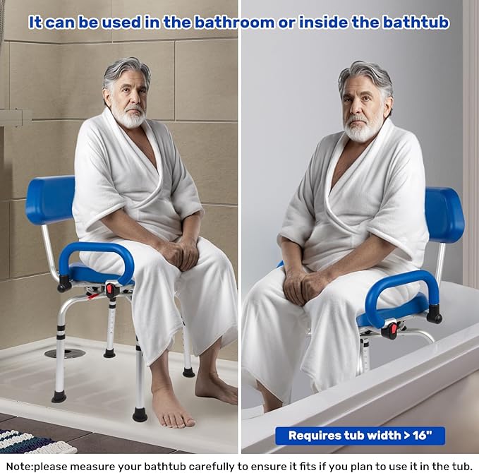 360° PU Padded Swivel Shower Chair-Bath Tub Transfer Bench, 20-25in Adjustable Height, Drop Arms & Anti-Rust Aluminum Shower Chair for Elderly and Disabled, Safety Bench for Bathtubs & Showers