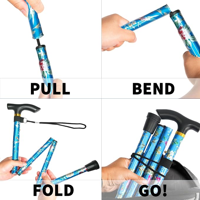 Folding Canes for Men and Women, Floral | 5-Level Adjustable Height, Lightweight Collapsible, Aluminum, Wrist Strap, T Handle, Walking Sticks for Seniors Adults