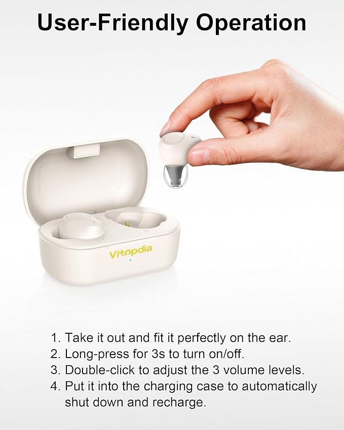 Rechargeable In-the-Ear OTC Hearing Aids for Adults Seniors, Smart Noise Cancellation, HD Sound, 3-Level Volume, 18-Hour Battery Life with Recharging Case, for Mild to Moderate Hearing Loss