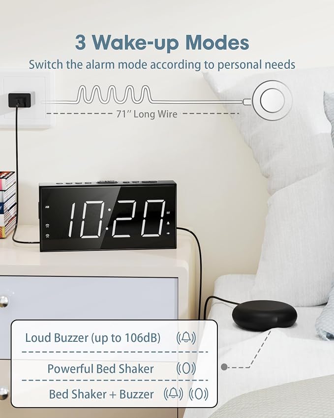 Roxicosly Alarm Clock for Heavy Sleepers with Bed Shaker, Dual Alarm Clock with USB Charger, 7.5" Large LED Display, Adjustable Brightness, Snooze, 12/24H & Battery Backup for Hard of Hearing/Deaf