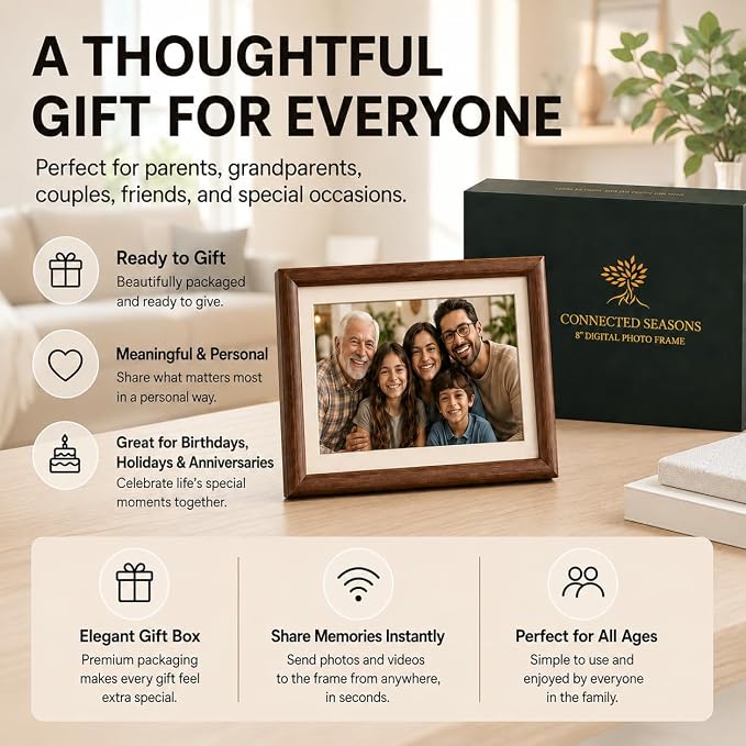 8” WiFi Digital Picture Frame – 100% Real Wood Frame, HD Touchscreen, 16GB Storage, MicroSD/USB-C, Auto-Rotate, App Sharing, Electric Picture Frame Slideshow, Desk & Family Use, Moms Birthday Gifts