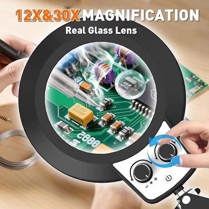 KIRKAS 12X 30X Magnifying Glass with Light and Stand, Extra-Long Arm Knob | Magnifying Lamp for Workbench Craft, Sewing, LED Lighted Magnifier Real Glass Lens Stepless Dimming and Color (35in Clamp)