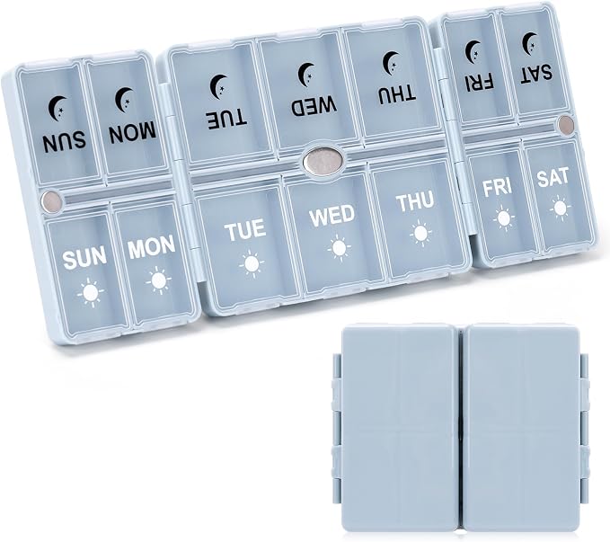 FYY Weekly Pill Organizer 2 Times a Day, Magnetic Travel Pill Box AM PM with Easy Open – 7-Day Daily Pill Case Medicine Organizer for Vitamins,Supplements - Blue