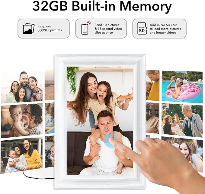 Frameo White 10.1 Inch Smart WiFi Digital Photo Frame,Digital Picture Frame Wi-Fi with 32GB Storage & SD Slot, Electronic Picture Frame IPS Touch Screen with Auto-Rotate, Gifts for Mom, House Warming