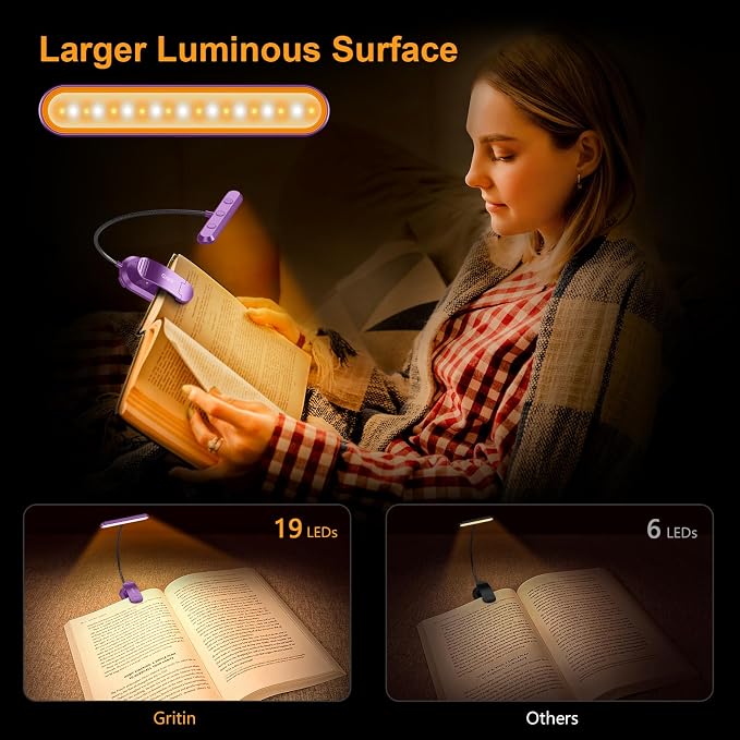 Gritin Rechargeable Book Light for Reading in Bed with 19 LED | Eye Caring 3 Color Temps, 5 Brightness Levels, Memory Function, 90 Hrs Runtime Flexible Goose Neck Clip on Light-Dark Purple