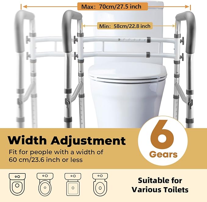 Toilet Safety Rails for Seniors, Adjustable Toilet Safety Frame Handles Fits Most Toilets, Gifts for Handicap and Disabled Seniors Elderly, Foldable, Safe Weight Capacity of 330 lbs(150KG)