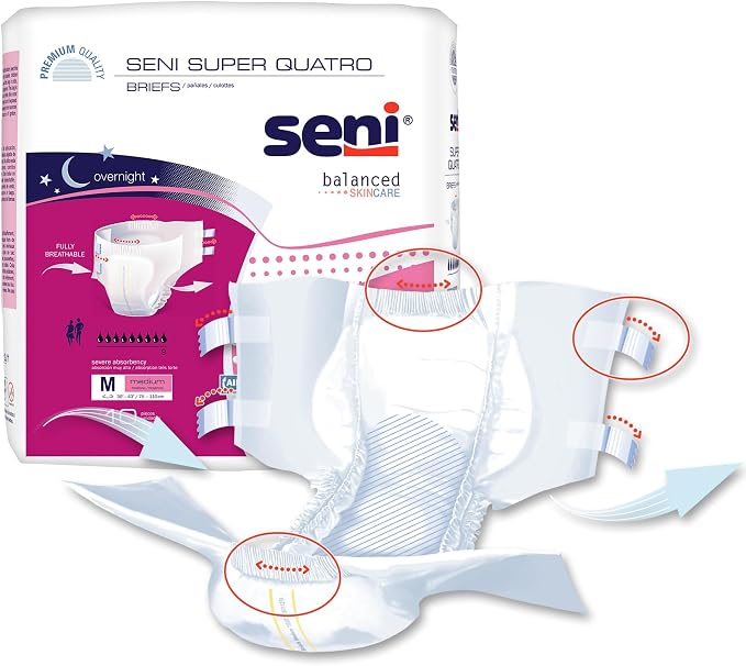Seni Super Quatro Unisex Adult Incontinence Briefs with Tabs, Size Medium (30"-43"), 40 Count (4 Packs of 10), Severe Absorbency, Disposable Overnight Briefs for Men & Women