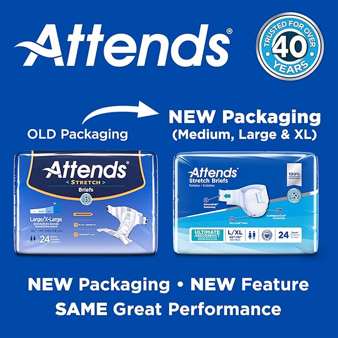 Attends Stretch Adult Incontinence Disposable Briefs, Medium/Regular 31"-52" Waist with SecureGrip Tab Closure, Ultimate Absorbency with Dry-Lock Containment Core and Breathable Side Panels, 96ct Case