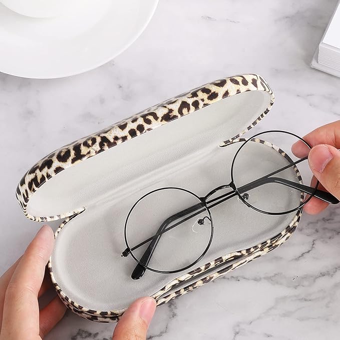 MoKo Double Eyeglass Case, Contact Lens Case with Mirror Tweezers Remover, 2 in 1 Double Sided Portable Contact Lens Box Holder Container Storage Kit Sunglasses Pouch for Men & Women, Leopard